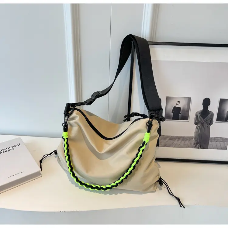 Nylon Shoulder Bag Yellow Green Zipper Closure — feature 25
