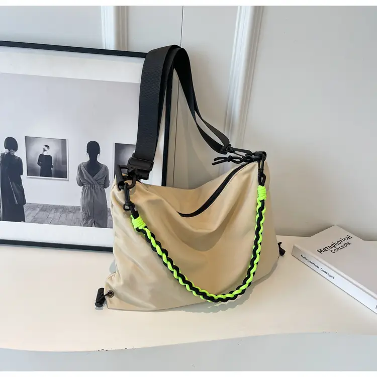 Nylon Shoulder Bag Yellow Green Zipper Closure — feature 26