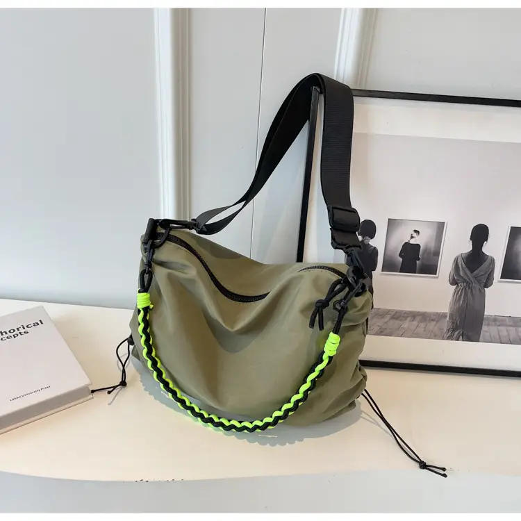 Nylon Shoulder Bag Yellow Green Zipper Closure — feature 28