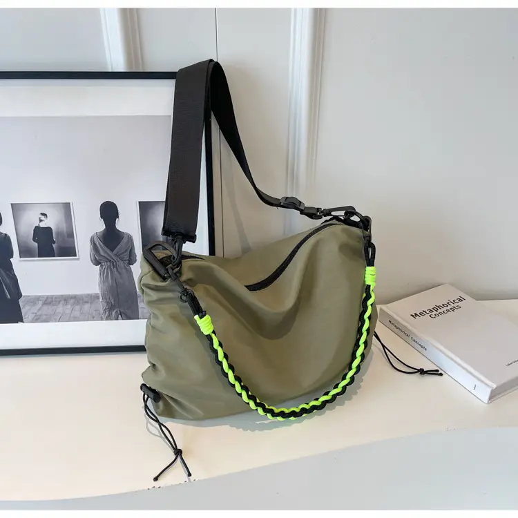 Nylon Shoulder Bag Yellow Green Zipper Closure — feature 29