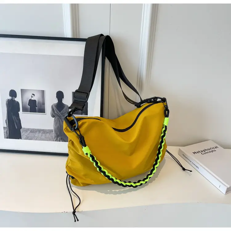 Nylon Shoulder Bag Yellow Green Zipper Closure — feature 32