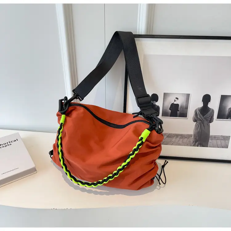 Nylon Shoulder Bag Yellow Green Zipper Closure — feature 34
