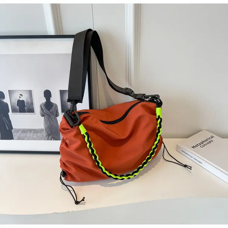 Nylon Shoulder Bag Yellow Green Zipper Closure — feature 35