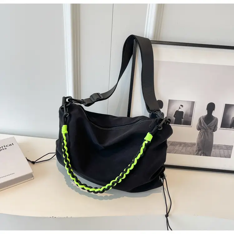 Nylon Shoulder Bag Yellow Green Zipper Closure — feature 37