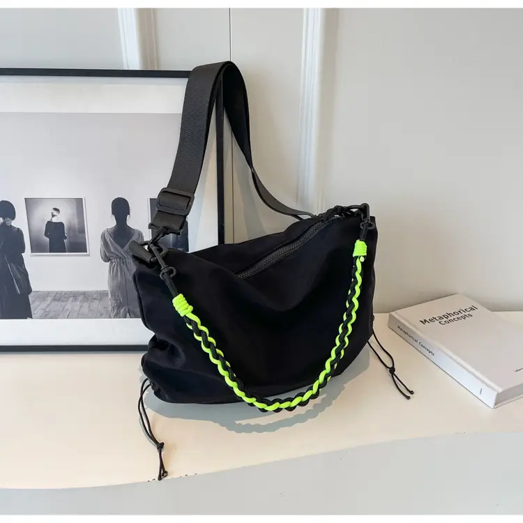 Nylon Shoulder Bag Yellow Green Zipper Closure — feature 38