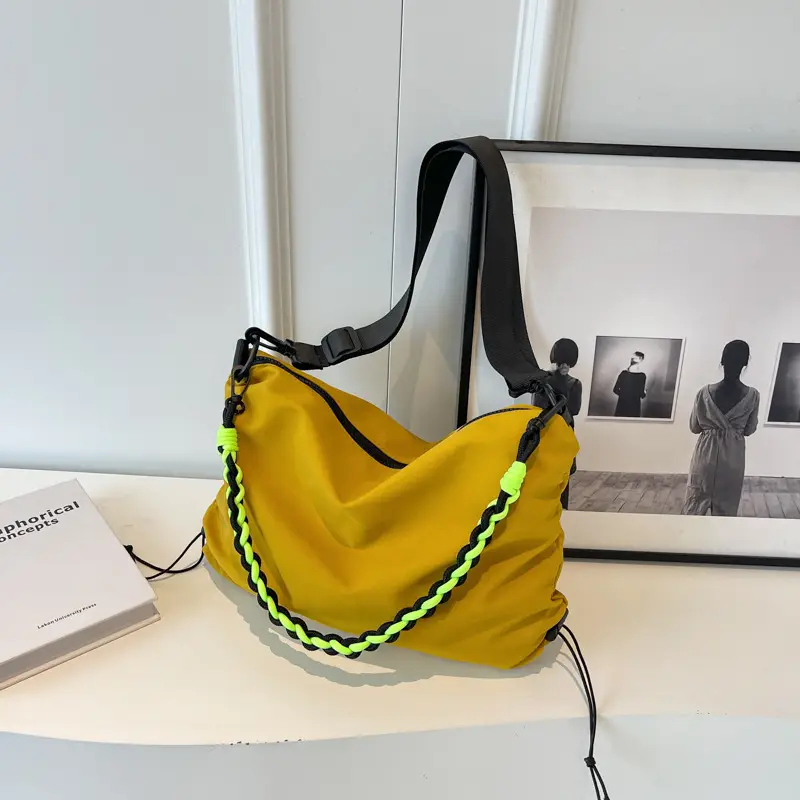 Nylon Shoulder Bag Yellow Green Zipper Closure - Image 3