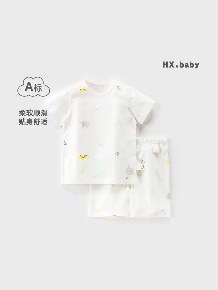 Children Cotton Two-Piece Shorts Suit White Blue Print Summer - Image 2