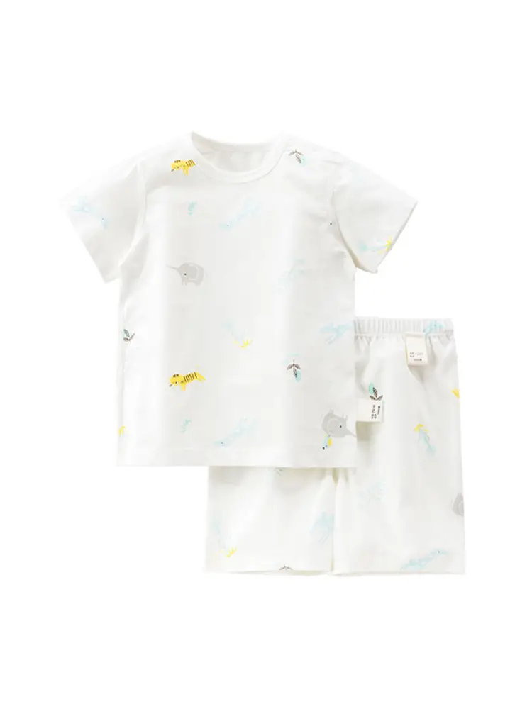 Children Cotton Two-Piece Shorts Suit White Blue Print Summer - Image 6