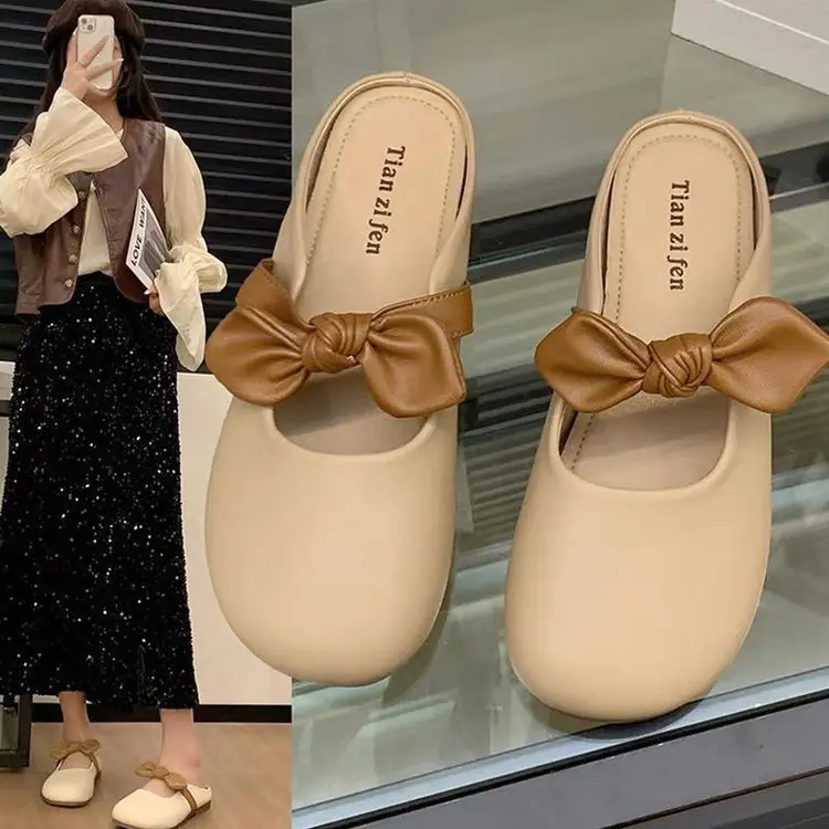 Slippers Fashionable Summer Women's Outer Wear 2025 New Style Bow Slip-On Flats-Soled Lazy Baotou Half Slippers for Women to Wear Outside