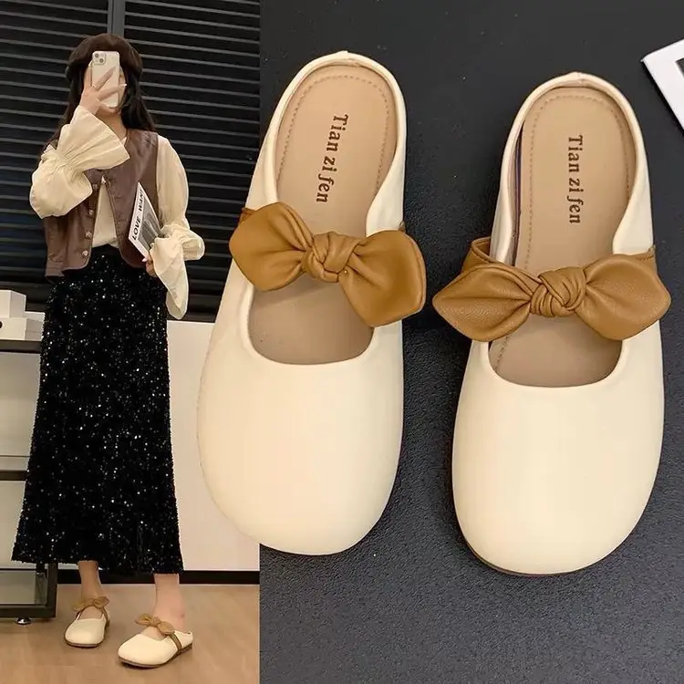 Slippers Fashionable Summer Women's Outer Wear 2025 New Style Bow Slip-On Flats-Soled Lazy Baotou Half Slippers for Women to Wear Outside