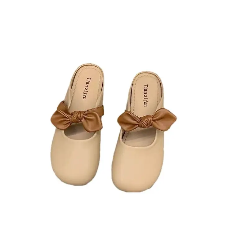 Slippers Fashionable Summer Women's Outer Wear 2025 New Style Bow Slip-On Flats-Soled Lazy Baotou Half Slippers for Women to Wear Outside