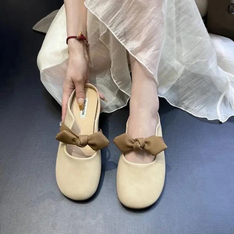Slippers Fashionable Summer Women's Outer Wear 2025 New Style Bow Slip-On Flats-Soled Lazy Baotou Half Slippers for Women to Wear Outside — feature 1
