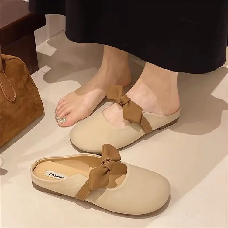 Slippers Fashionable Summer Women's Outer Wear 2025 New Style Bow Slip-On Flats-Soled Lazy Baotou Half Slippers for Women to Wear Outside — feature 10