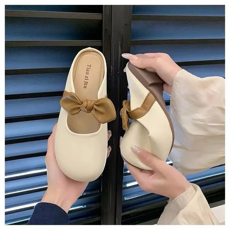 Slippers Fashionable Summer Women's Outer Wear 2025 New Style Bow Slip-On Flats-Soled Lazy Baotou Half Slippers for Women to Wear Outside — feature 3