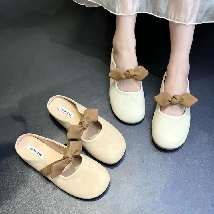 Slippers Fashionable Summer Women's Outer Wear 2025 New Style Bow Slip-On Flats-Soled Lazy Baotou Half Slippers for Women to Wear Outside — feature 8