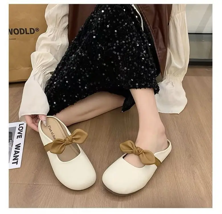 Slippers Fashionable Summer Women's Outer Wear 2025 New Style Bow Slip-On Flats-Soled Lazy Baotou Half Slippers for Women to Wear Outside