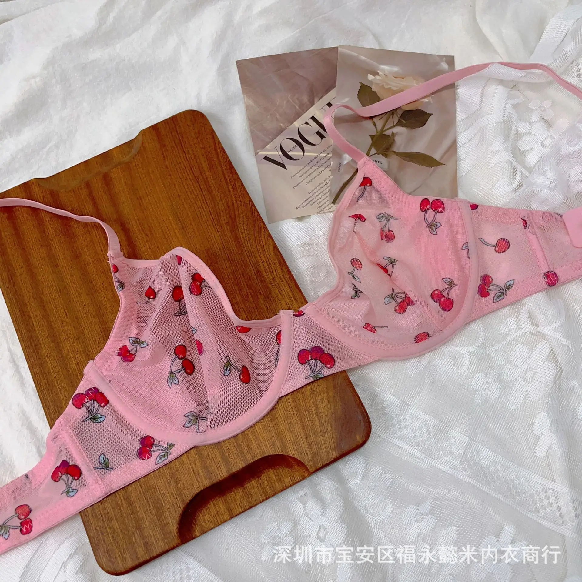 Pink Mesh Bra with Floral Print & Steel Ring Closure — feature 6