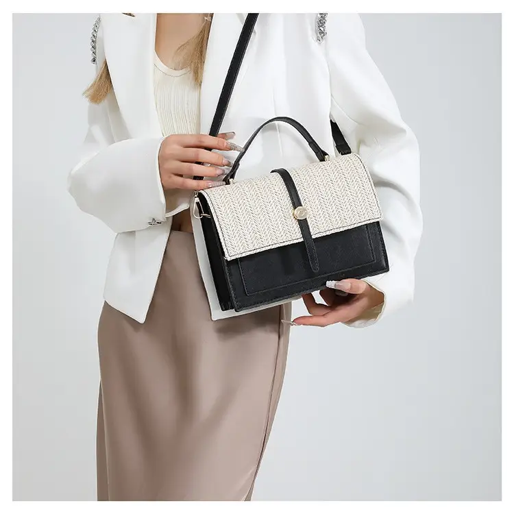 Women's White Contrast Straw Shoulder Bag Mori Niche Design - Image 10