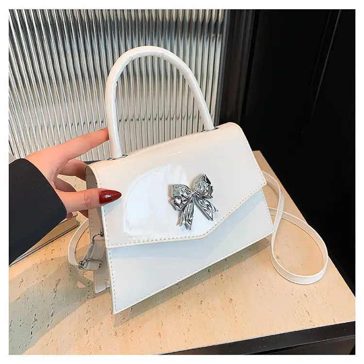 White Patent Leather Bow Shoulder Bag for Women