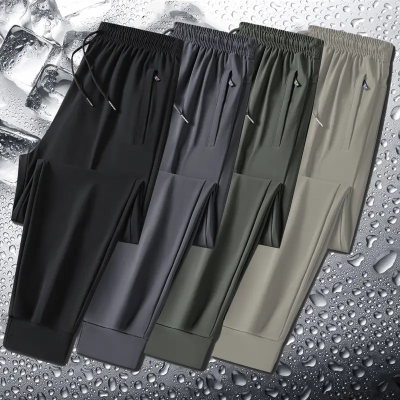 Men Ice Silk Casual Pants Black Summer Loose Straight