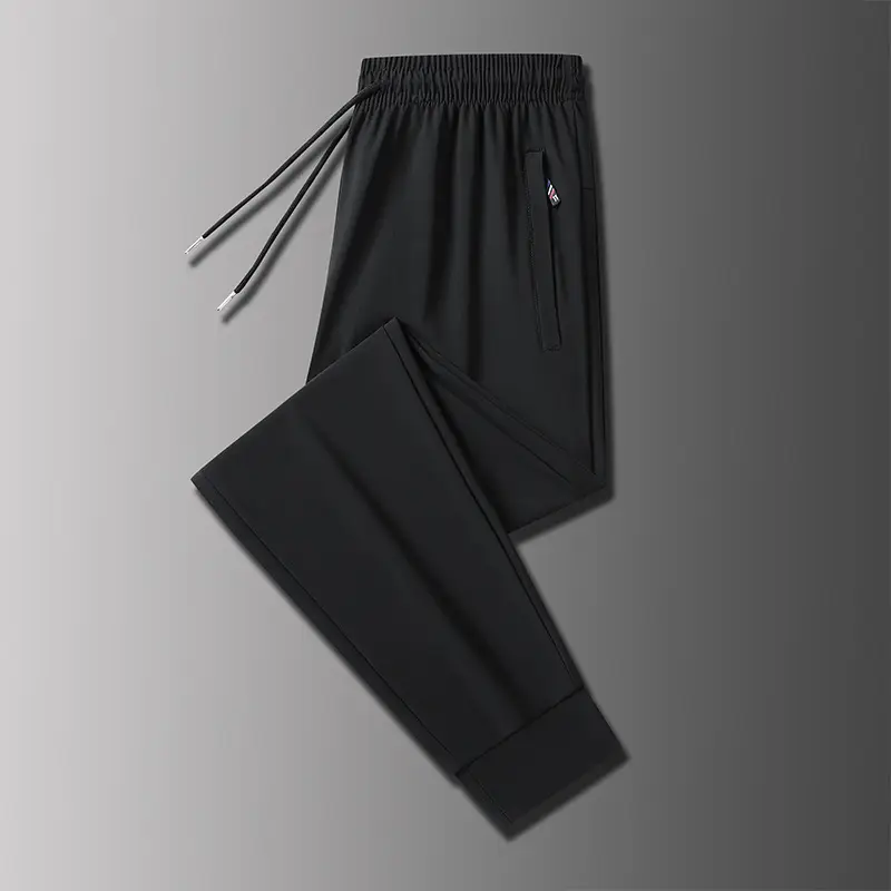 Men Ice Silk Casual Pants Black Summer Loose Straight