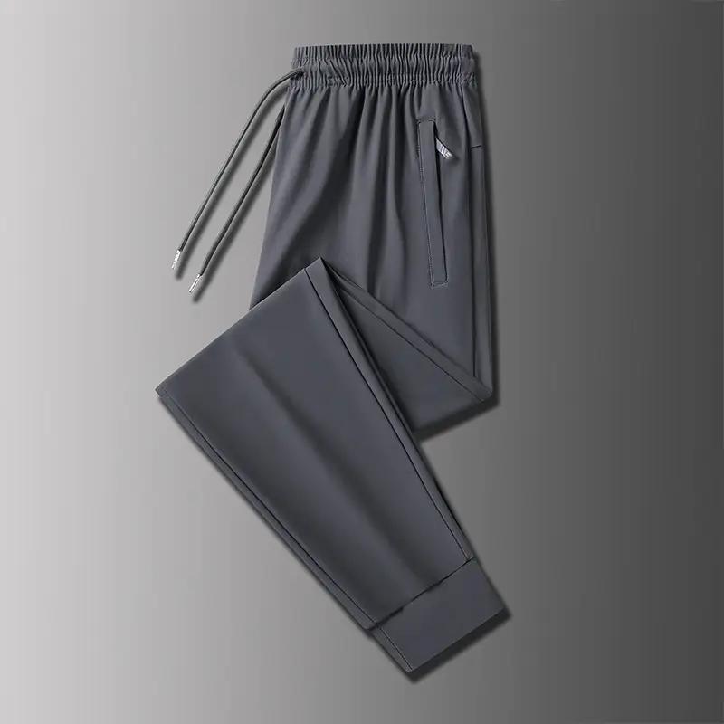Men Ice Silk Casual Pants Black Summer Loose Straight