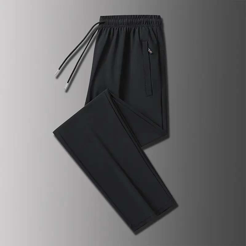 Men Ice Silk Casual Pants Black Summer Loose Straight