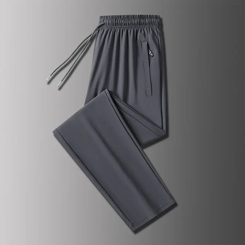 Men Ice Silk Casual Pants Black Summer Loose Straight