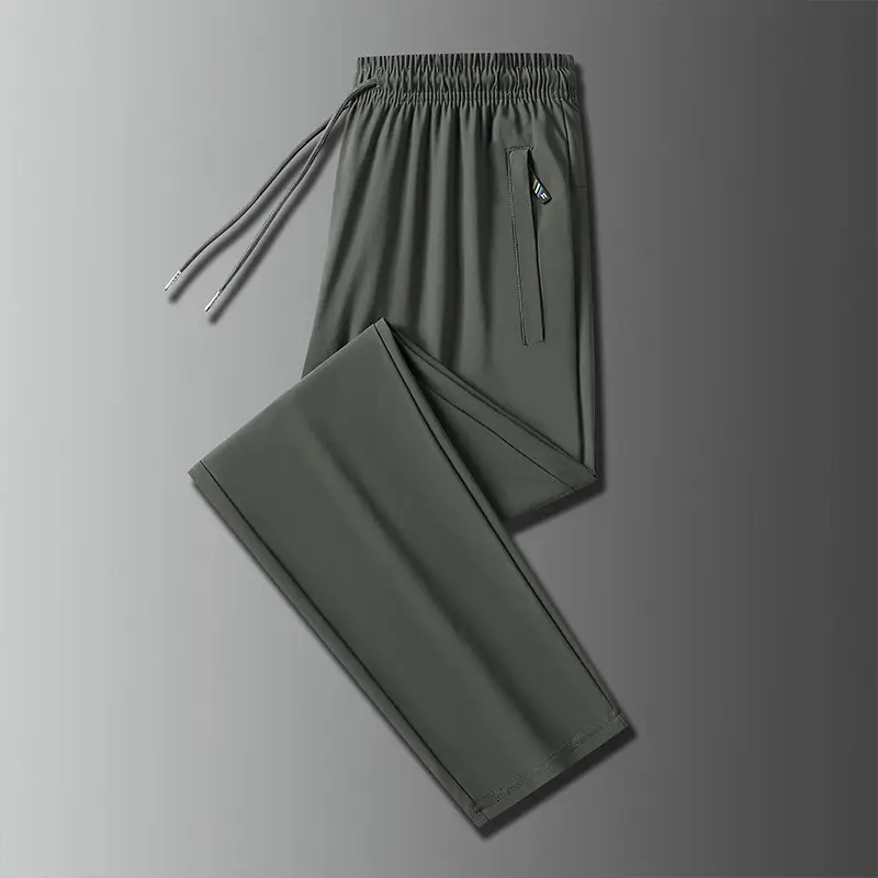 Men Ice Silk Casual Pants Black Summer Loose Straight