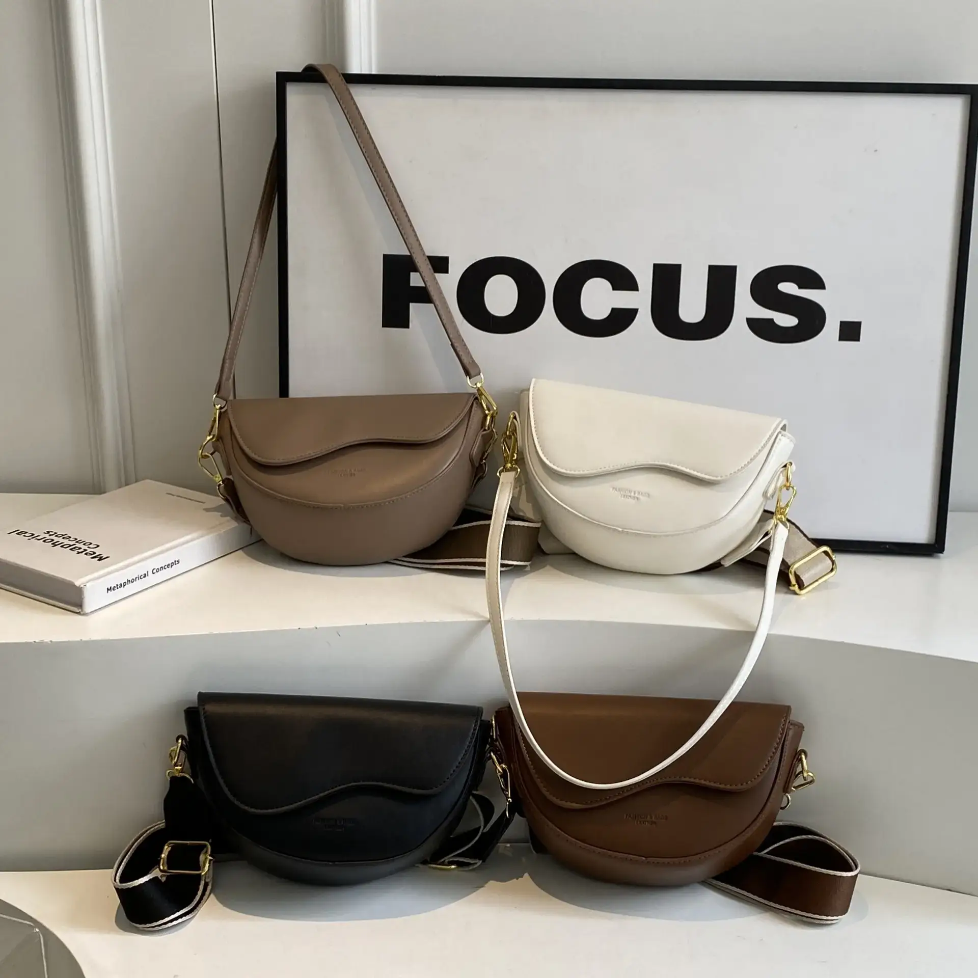 Black Leather Shoulder Crossbody Bag with Gold Hardware