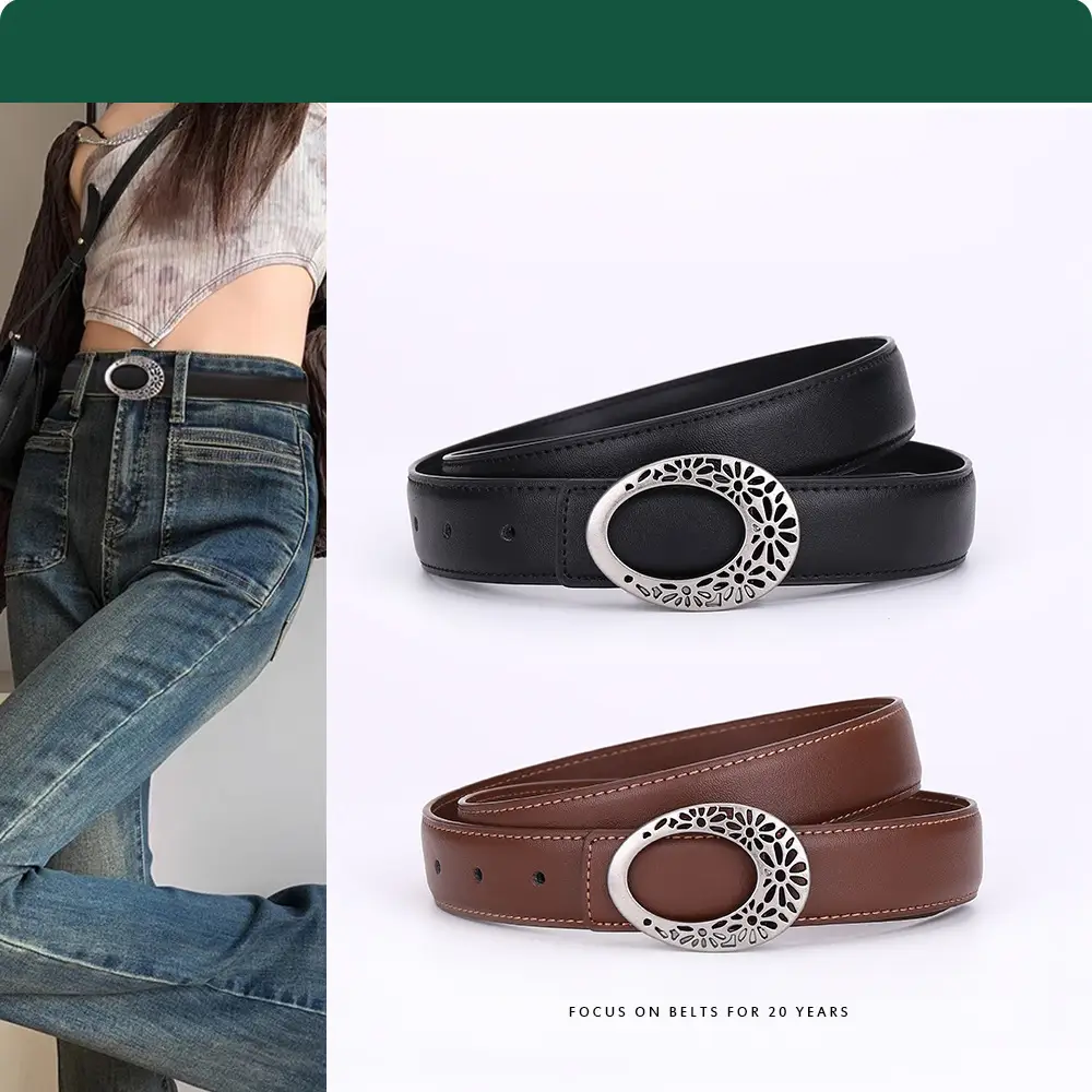 Women's Brown Leather Belt with Hollow Flower Buckle - Image 6