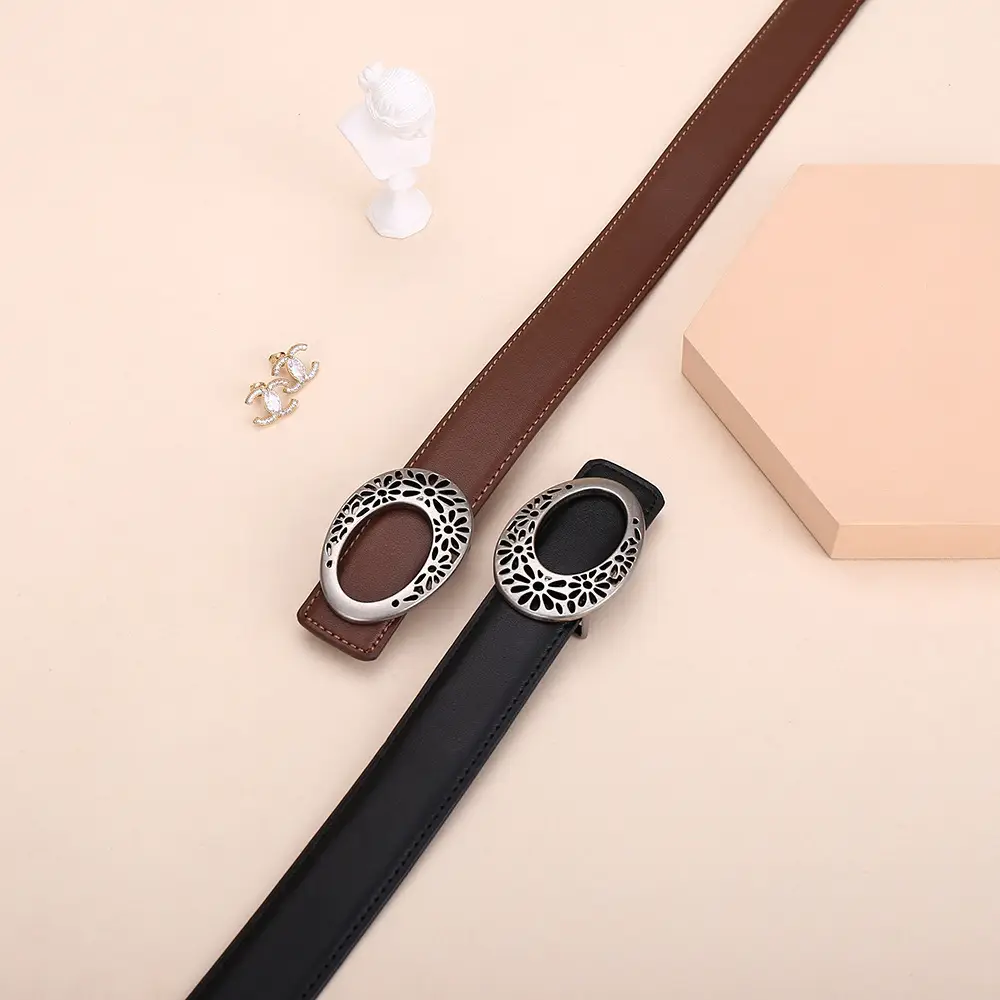 Women's Brown Leather Belt with Hollow Flower Buckle - Image 7