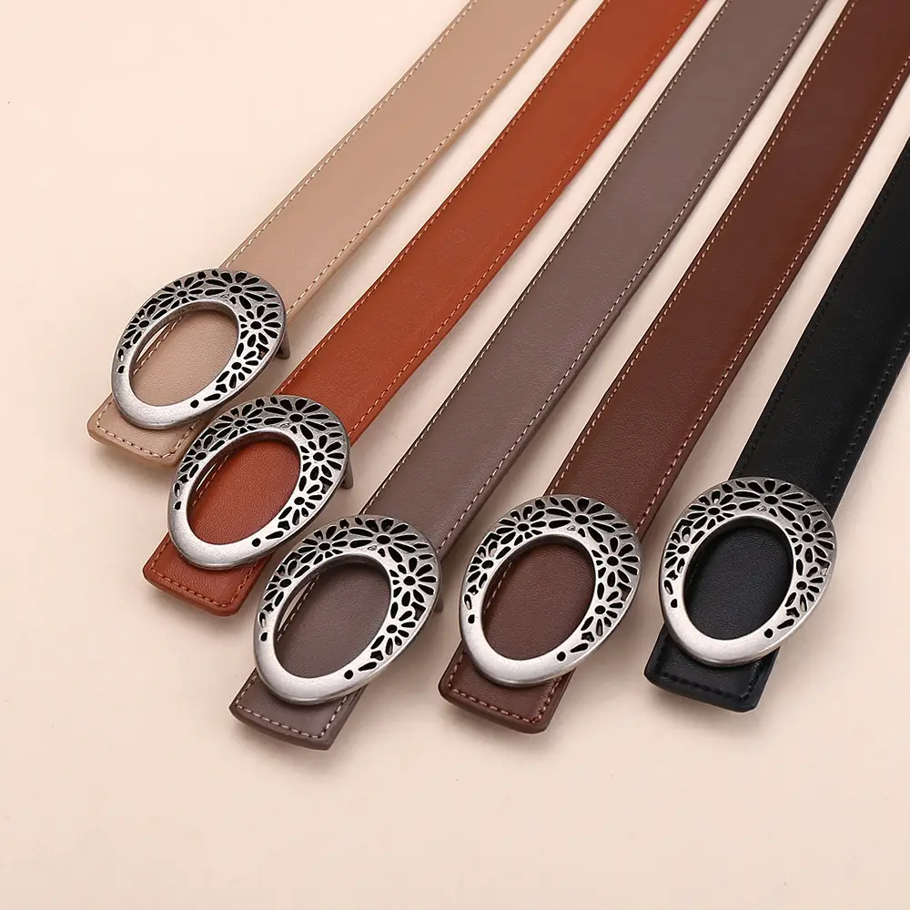 Women's Brown Leather Belt with Hollow Flower Buckle - Image 9