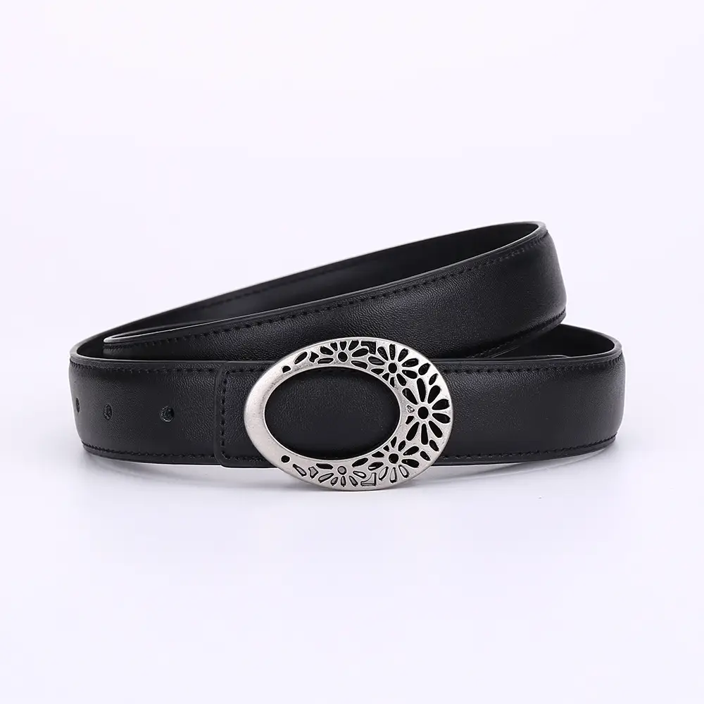 Women's Brown Leather Belt with Hollow Flower Buckle - Image 10