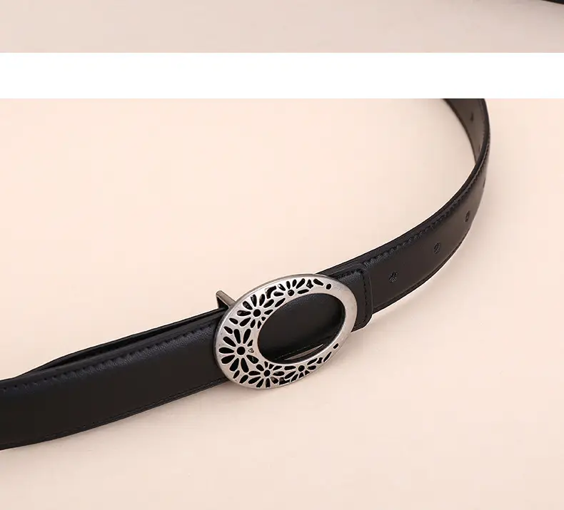 Women's Brown Leather Belt with Hollow Flower Buckle — feature 14