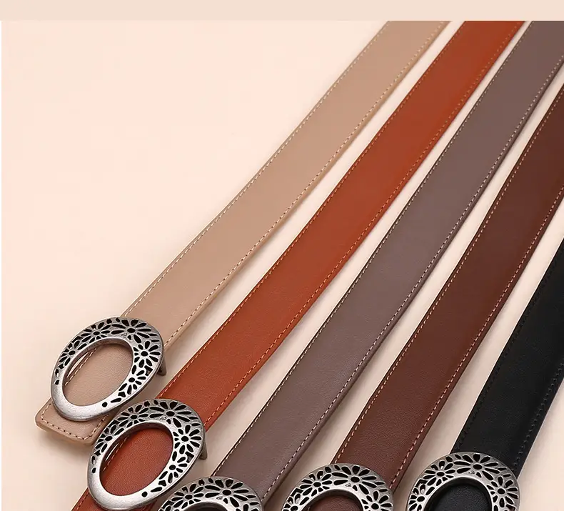 Women's Brown Leather Belt with Hollow Flower Buckle — feature 17