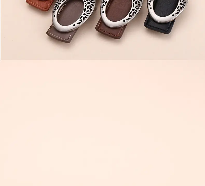Women's Brown Leather Belt with Hollow Flower Buckle — feature 18