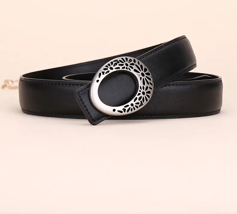 Women's Brown Leather Belt with Hollow Flower Buckle — feature 19