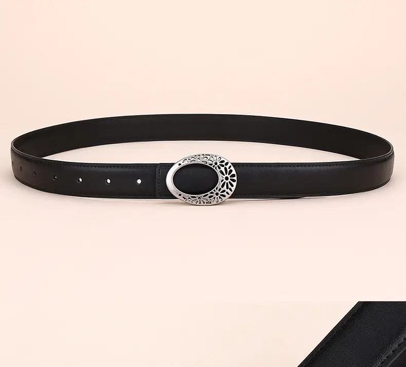 Women's Brown Leather Belt with Hollow Flower Buckle — feature 20