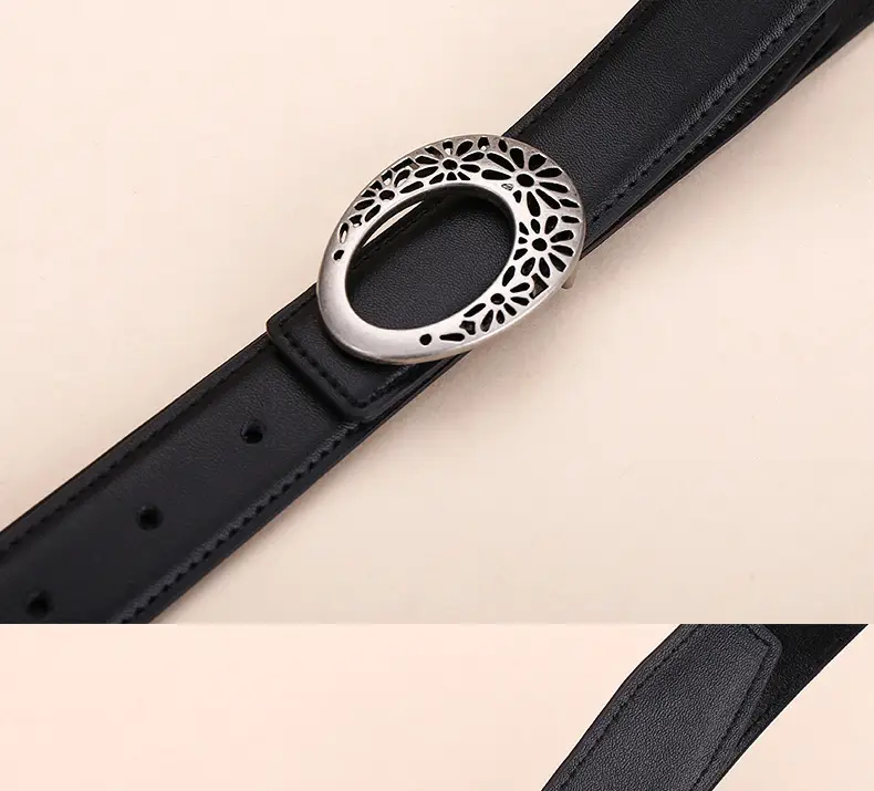 Women's Brown Leather Belt with Hollow Flower Buckle — feature 21
