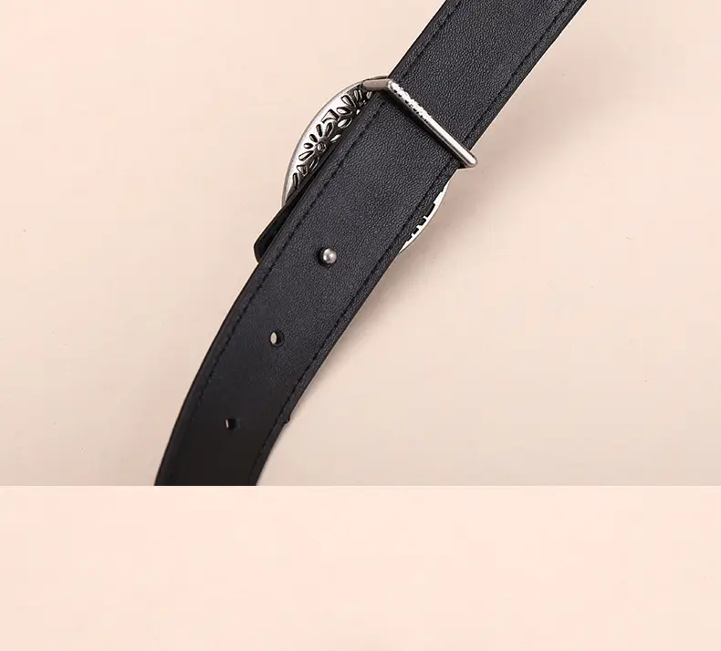 Women's Brown Leather Belt with Hollow Flower Buckle — feature 22