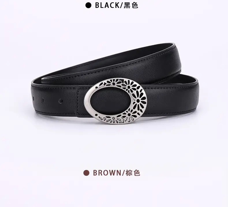 Women's Brown Leather Belt with Hollow Flower Buckle — feature 24