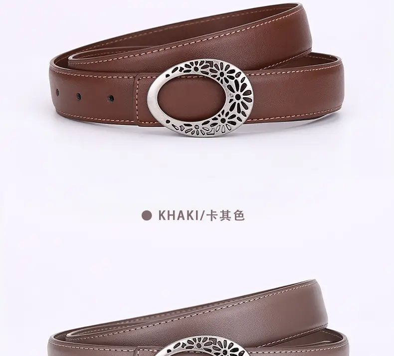Women's Brown Leather Belt with Hollow Flower Buckle — feature 25