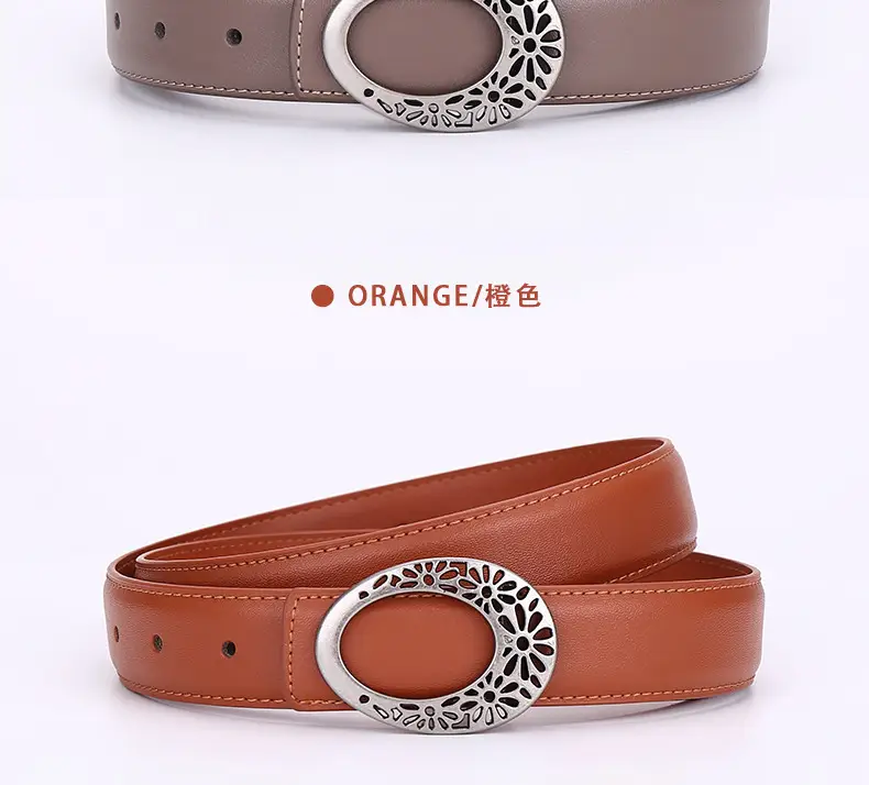 Women's Brown Leather Belt with Hollow Flower Buckle — feature 26