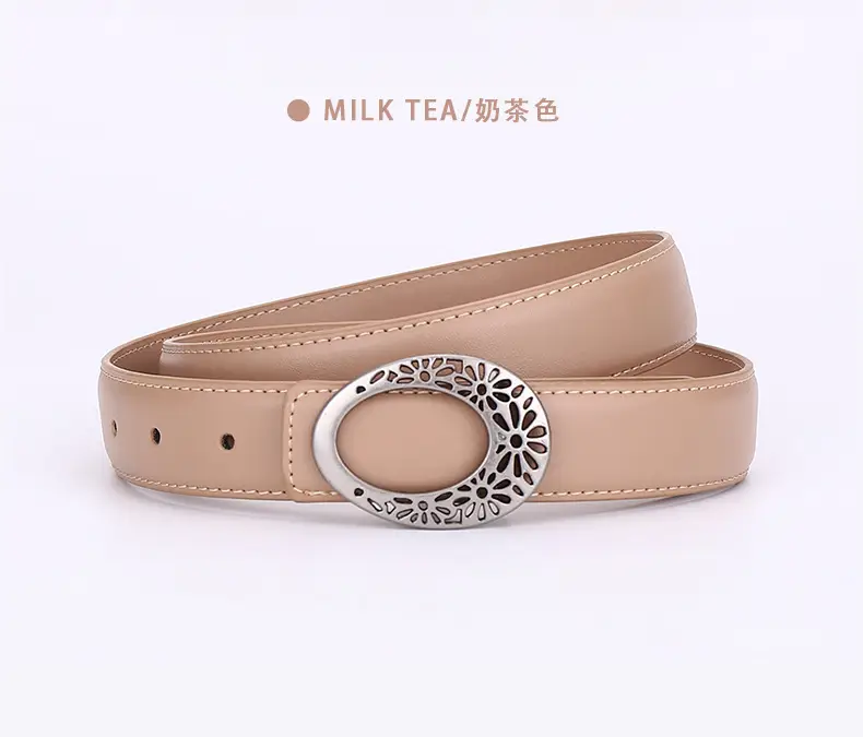 Women's Brown Leather Belt with Hollow Flower Buckle — feature 27