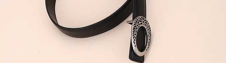 Women's Brown Leather Belt with Hollow Flower Buckle — feature 29