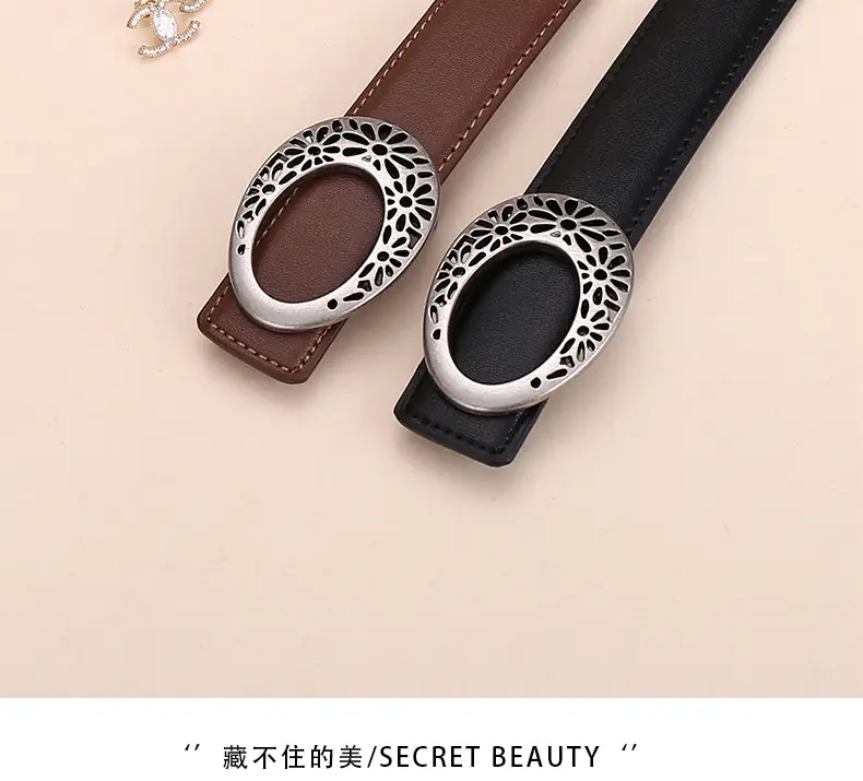 Women's Brown Leather Belt with Hollow Flower Buckle — feature 3