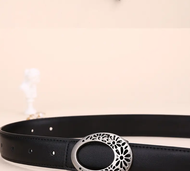Women's Brown Leather Belt with Hollow Flower Buckle — feature 30