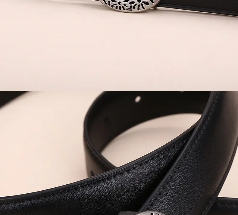 Women's Brown Leather Belt with Hollow Flower Buckle — feature 31