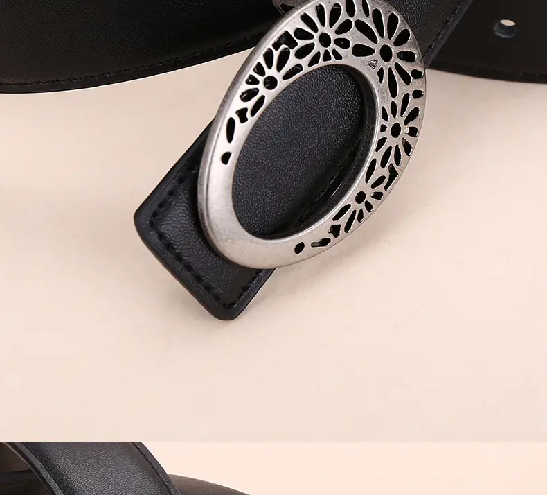 Women's Brown Leather Belt with Hollow Flower Buckle — feature 32